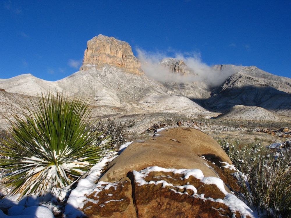 rocky landscape shows El Capitan in Winter.